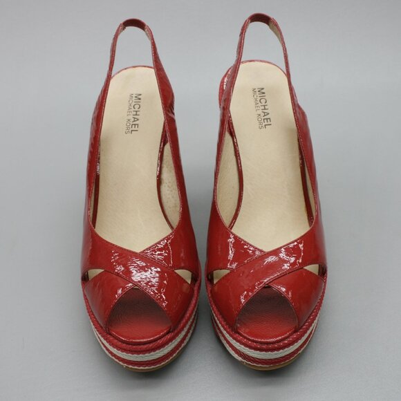 Michael Kors Ladies 10 Red Patent Leather Peep-toe Platform Wedge Heels Shoes - Picture 5 of 12